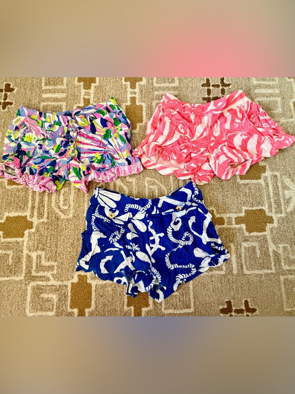 Three Pair Printed Ruffle Shorts Lilly Pulitzer- Pink, Multicolor & Royal Blue